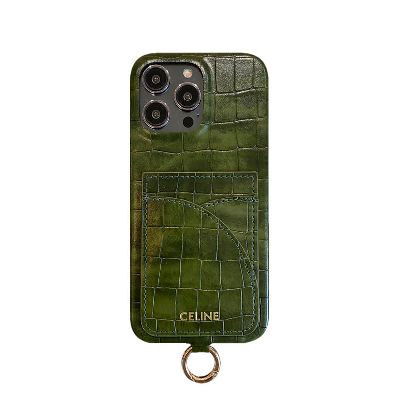 Celine iPhone-Hülle mit Alligatormuster, Kartenhalter und Riemen, Braun -EYP241415