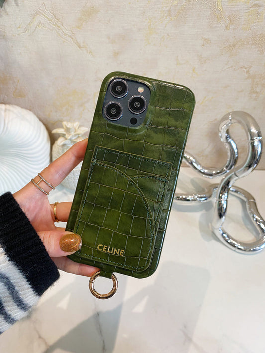 Celine iPhone-Hülle mit Alligatormuster, Kartenhalter und Riemen, Grün -EYP241415