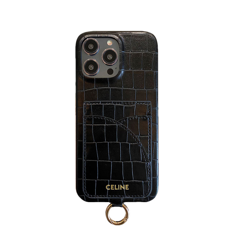 Celine iPhone-Hülle mit Alligatormuster, Kartenhalter und Riemen, Braun -EYP241415