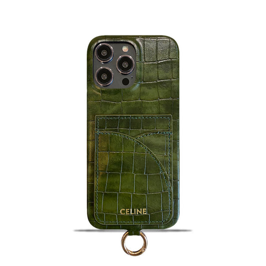 Celine iPhone-Hülle mit Alligatormuster, Kartenhalter und Riemen, Grün -EYP241415