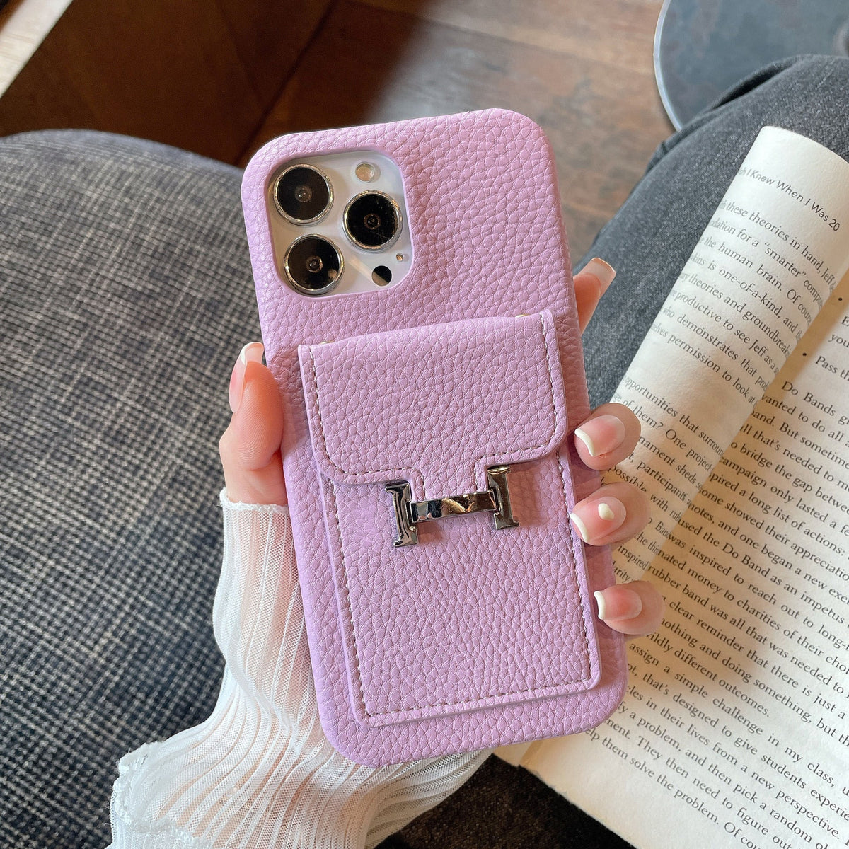 Capa de couro para iPhone com suporte para cartão H
