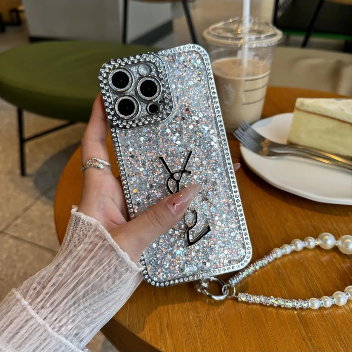 럭셔리 글리터 홀로그램 Y - S - L에서 영감을 받은 iPhone 케이스 - 다이아몬드 샤인 에디션