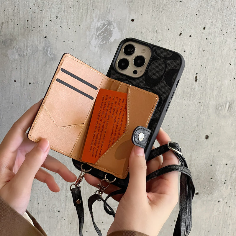 Klassisk iPhone-deksel med lommebok og stropp Brun -SZK240402