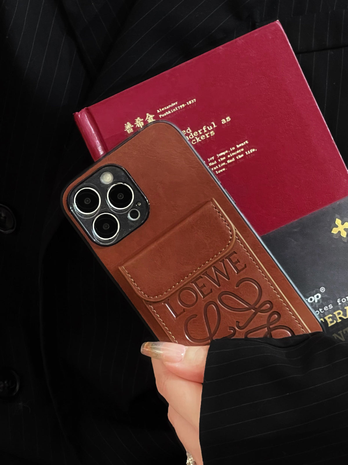 Luxusní pouzdro na iPhone s držákem karty Hnědá-LZP241448