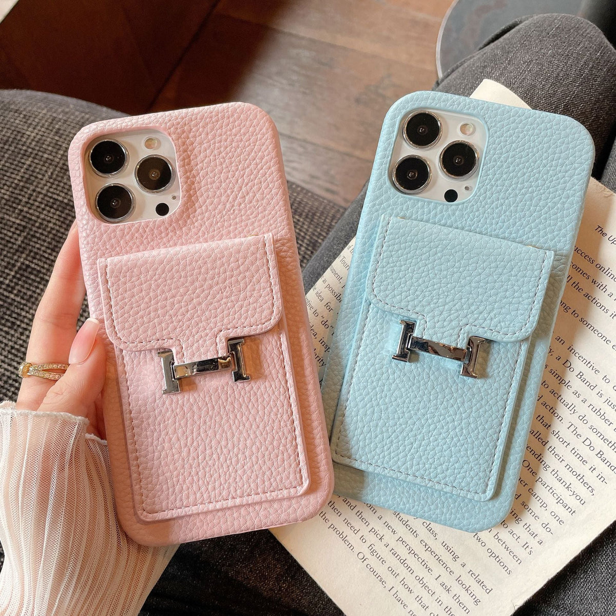 Capa de couro para iPhone com suporte para cartão H