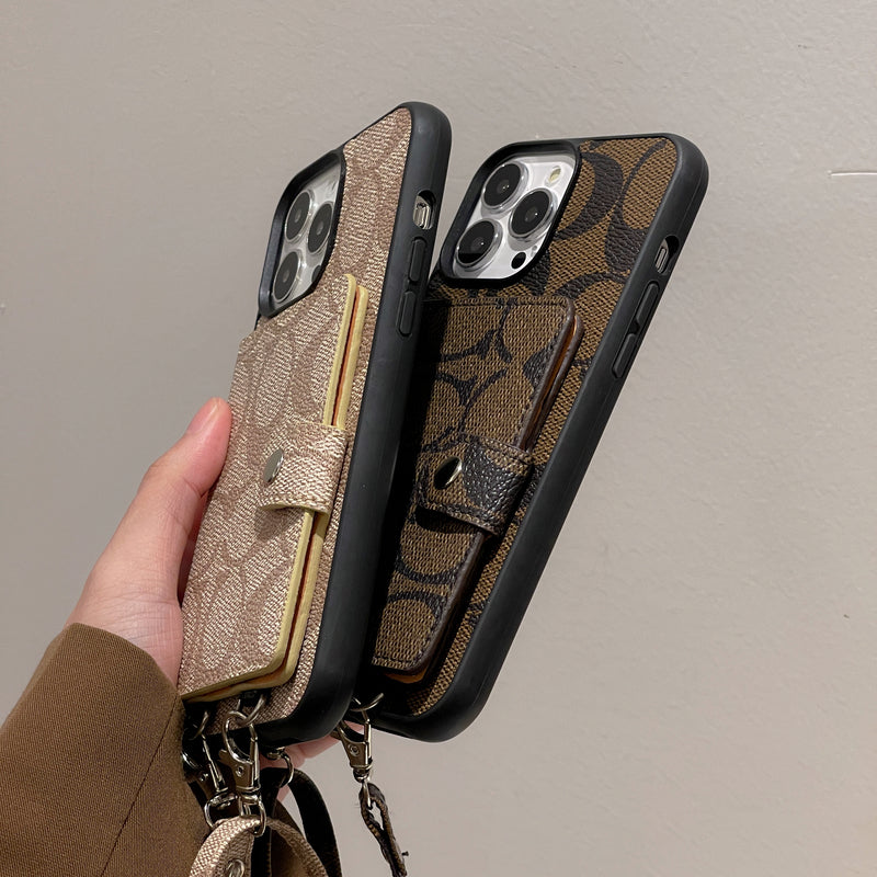 Klassisk iPhone-deksel med lommebok og stropp Brun -SZK240402
