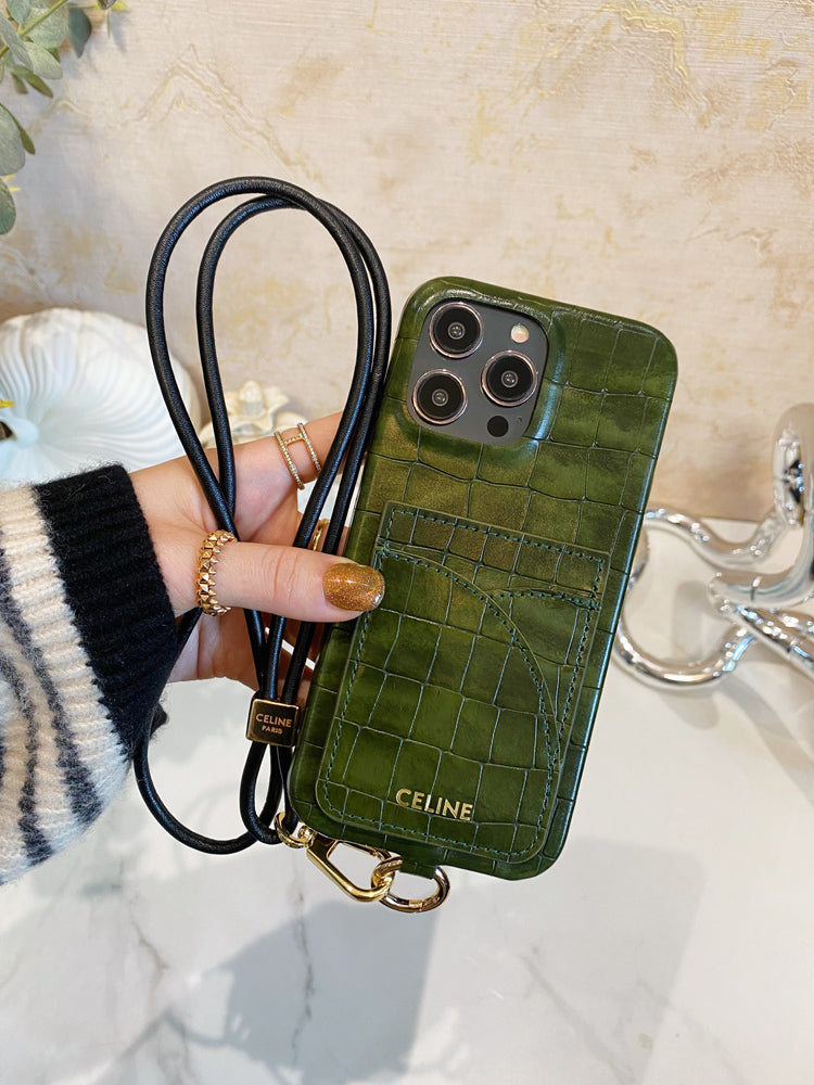 Celine iPhone-Hülle mit Alligatormuster, Kartenhalter und Riemen, Grün -EYP241415