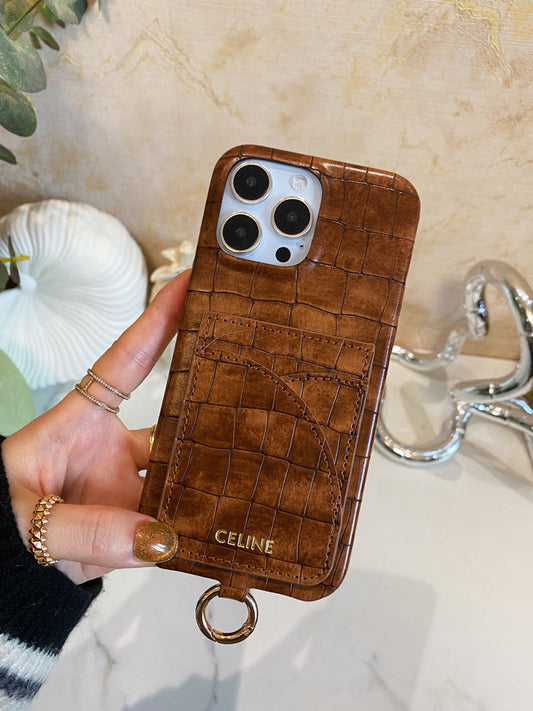 Celine iPhone-Hülle mit Alligatormuster, Kartenhalter und Riemen, Braun -EYP241415