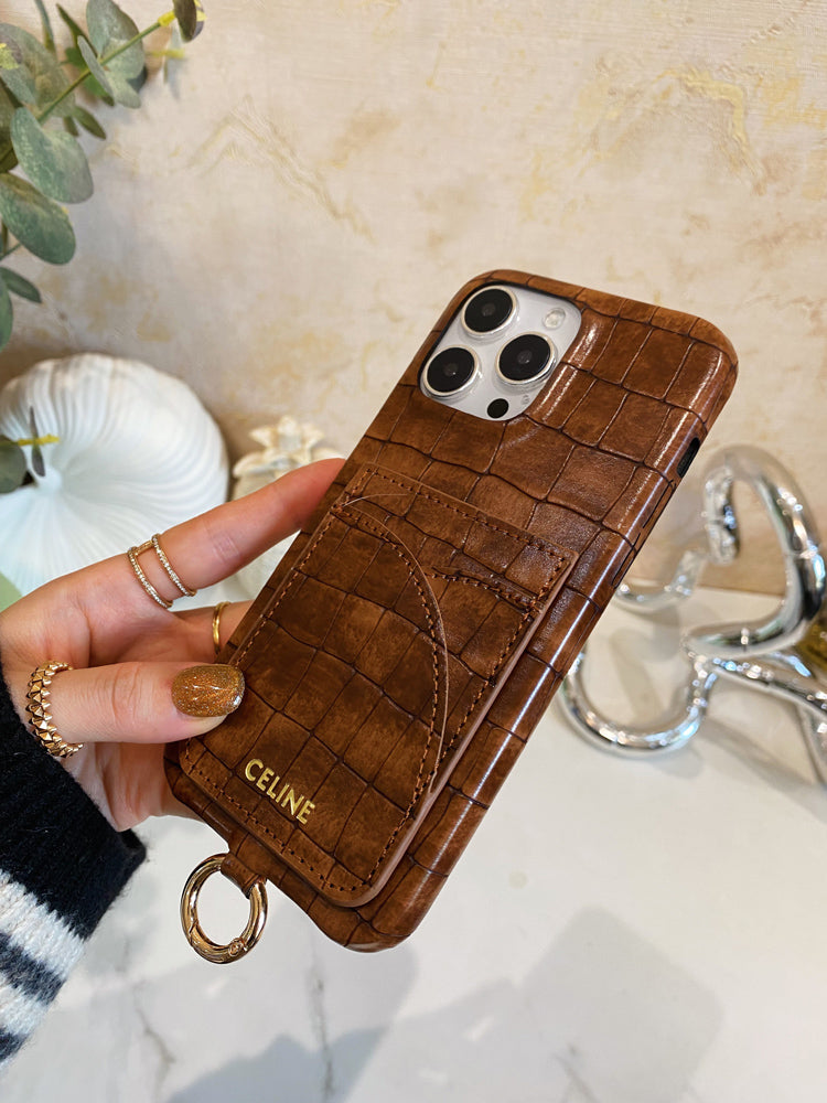Celine iPhone-Hülle mit Alligatormuster, Kartenhalter und Riemen, Braun -EYP241415