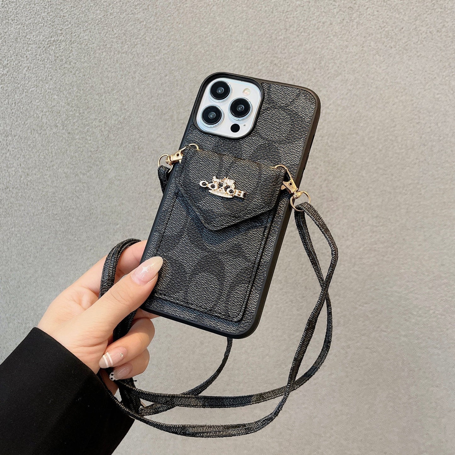 Custodia classica per iPhone con porta carte e cinturino nero chiaro -SJ240513