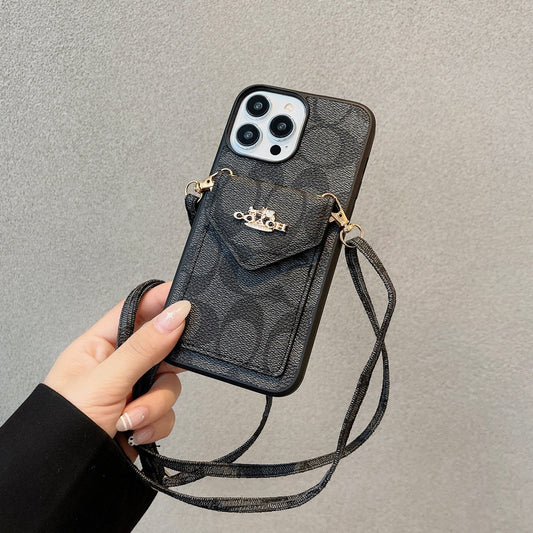 Étui pour iPhone classique avec porte-cartes et sangle noir clair -SJ240513