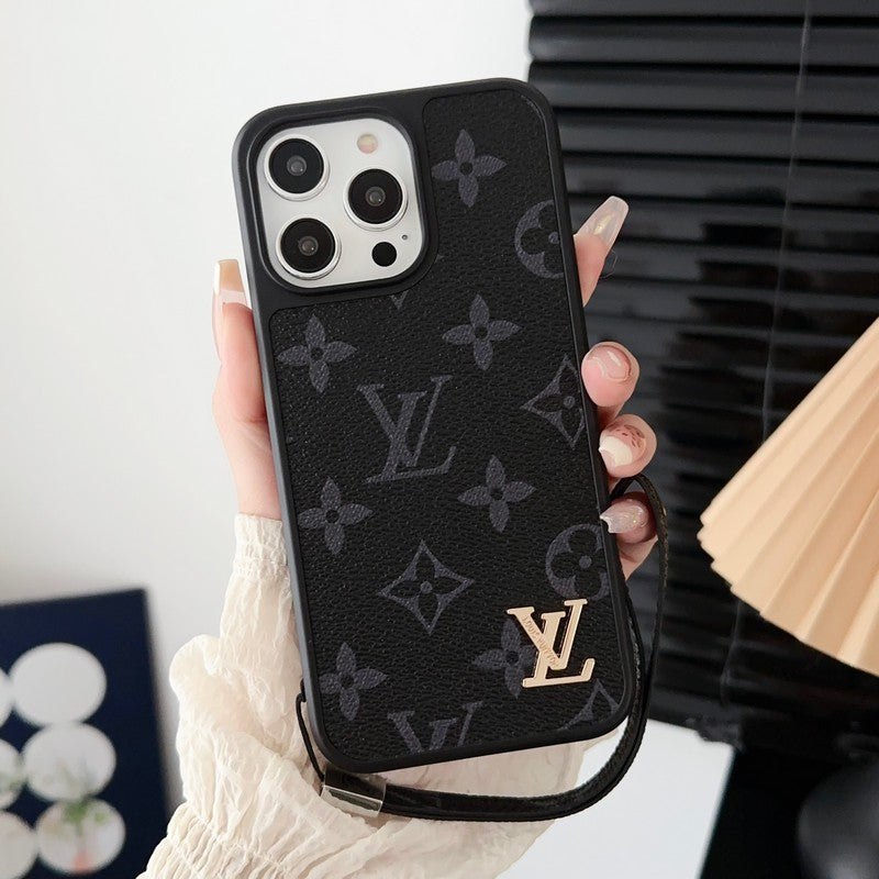 Capa luxuosa preta com corrente manual para iPhone