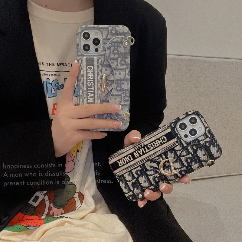 Módna čierna & sivá látková taška na karty Crossbody puzdro na iPhone
