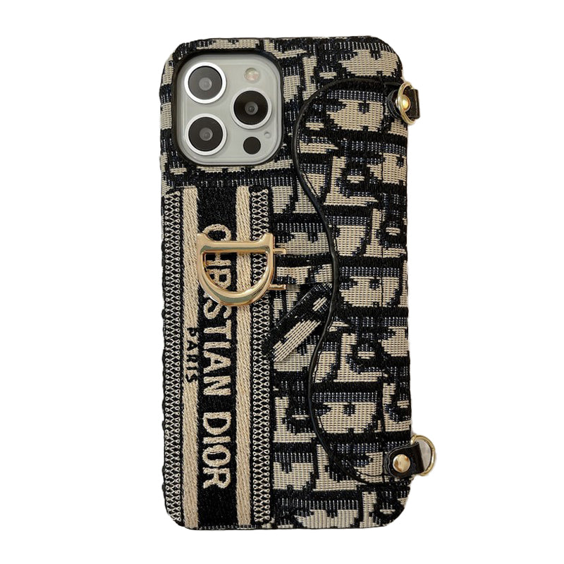 Módna čierna & sivá látková taška na karty Crossbody puzdro na iPhone