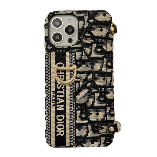 Módna čierna & sivá látková taška na karty Crossbody puzdro na iPhone