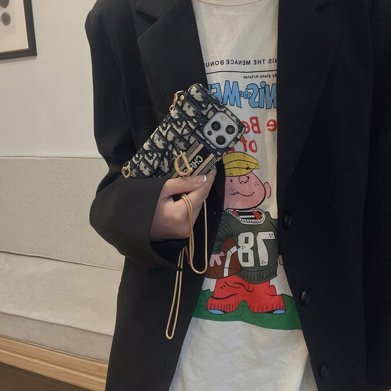 Módna čierna & sivá látková taška na karty Crossbody puzdro na iPhone
