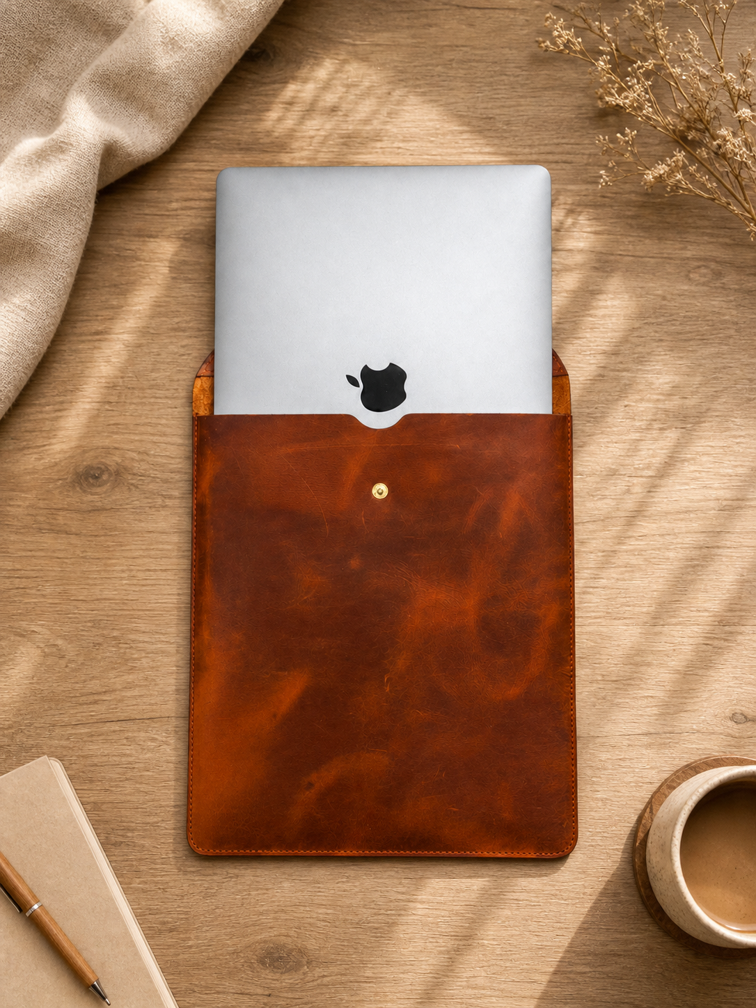 Håndlaget MacBook-omslag i skinn (passer til 13–16 tommers bærbare datamaskiner)