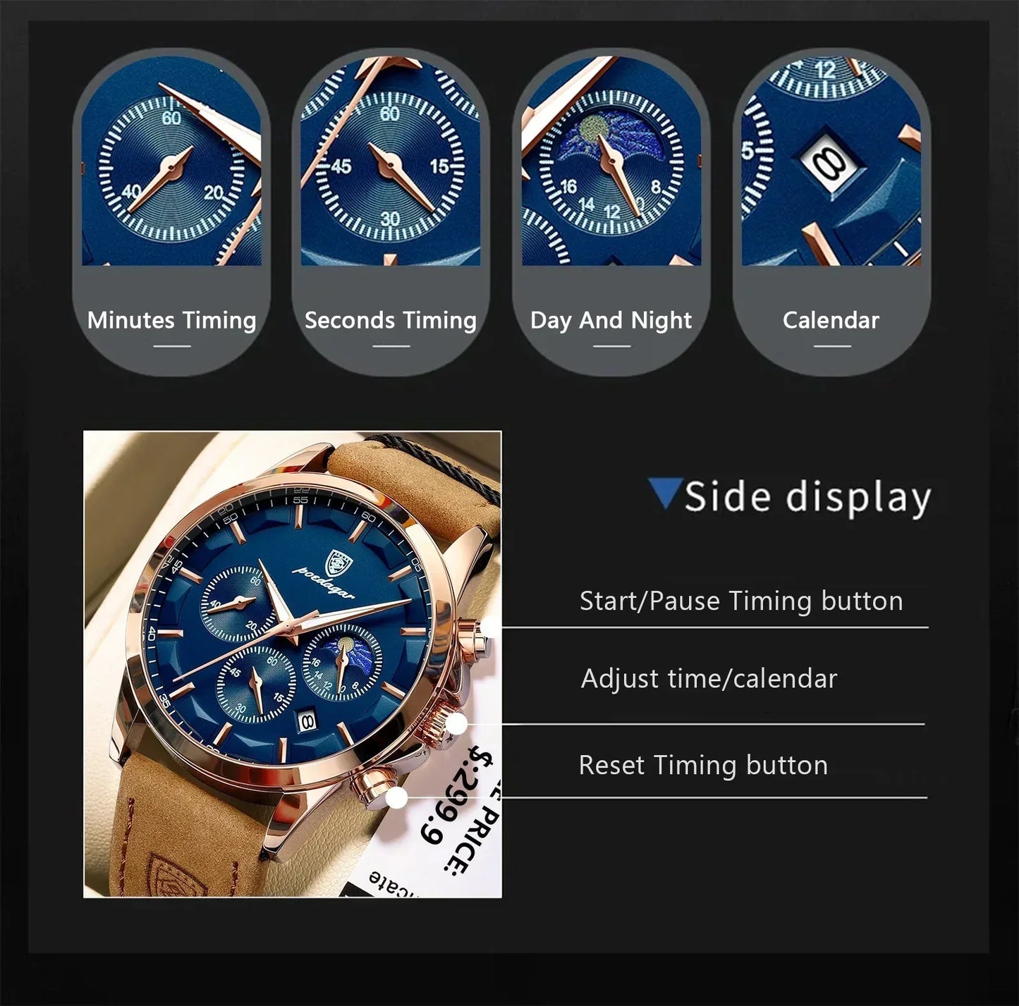 Poedagar ChronoLuxe Sport – Luxury Chronograph Quartz Watch