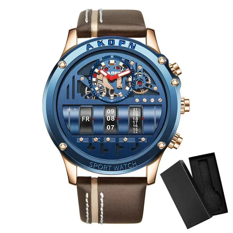 Montre à quartz élégante pour homme avec date rotative unique et bracelet en cuir – Montre décontractée d'inspiration militaire