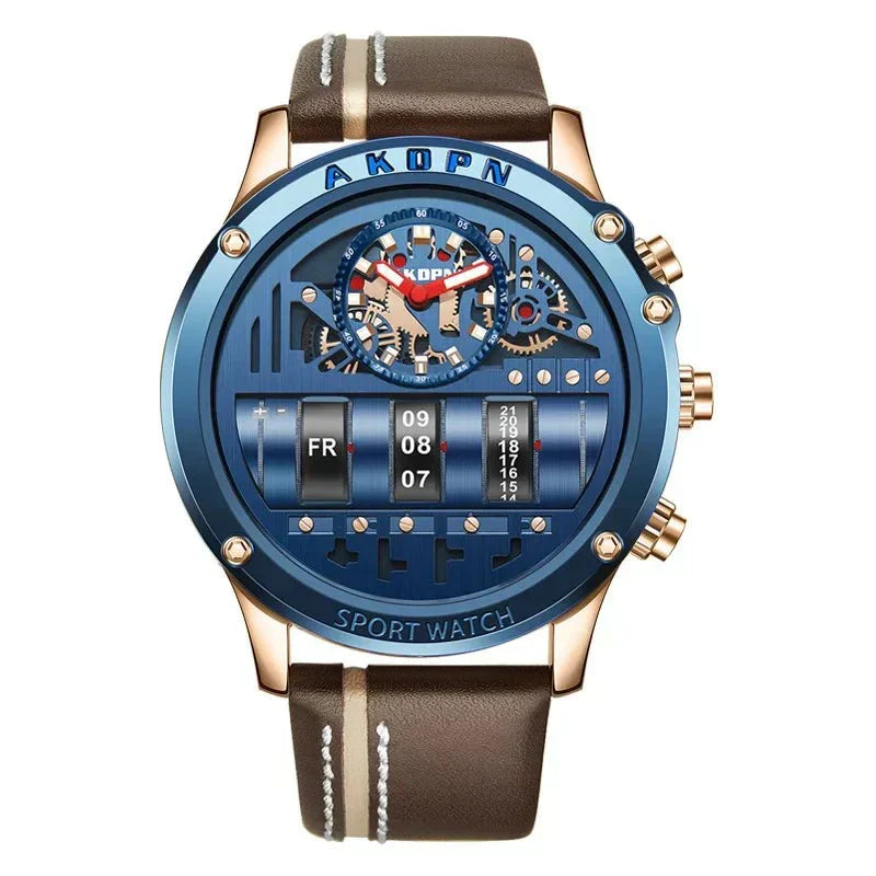 Montre à quartz élégante pour homme avec date rotative unique et bracelet en cuir – Montre décontractée d'inspiration militaire