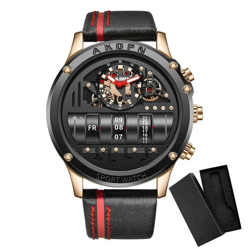 Montre à quartz élégante pour homme avec date rotative unique et bracelet en cuir – Montre décontractée d'inspiration militaire