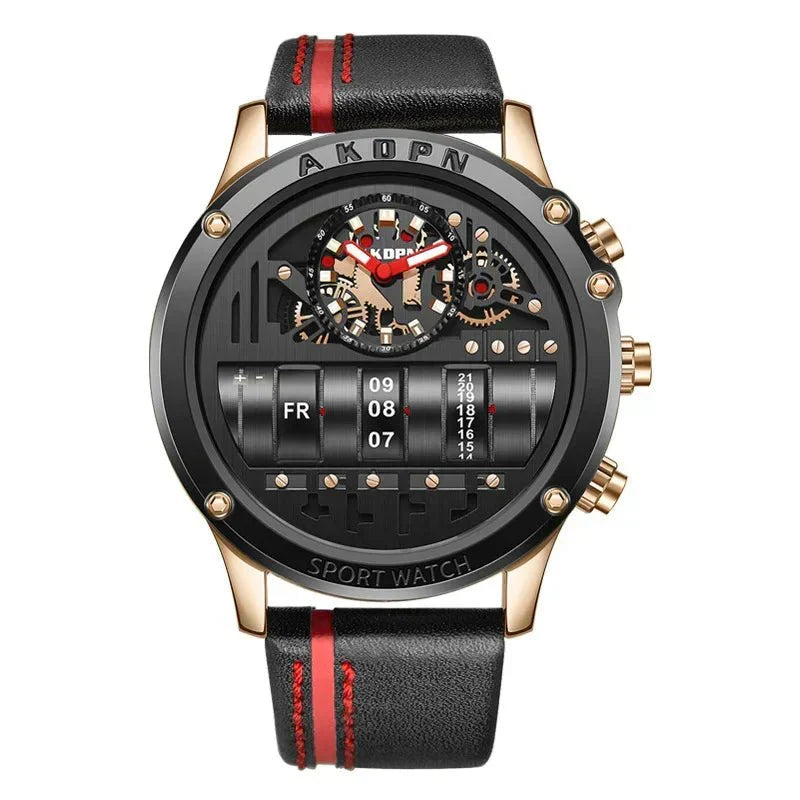 Montre à quartz élégante pour homme avec date rotative unique et bracelet en cuir – Montre décontractée d'inspiration militaire