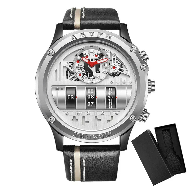Montre à quartz élégante pour homme avec date rotative unique et bracelet en cuir – Montre décontractée d'inspiration militaire