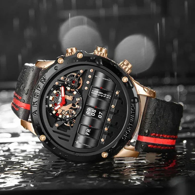 Montre à quartz élégante pour homme avec date rotative unique et bracelet en cuir – Montre décontractée d'inspiration militaire