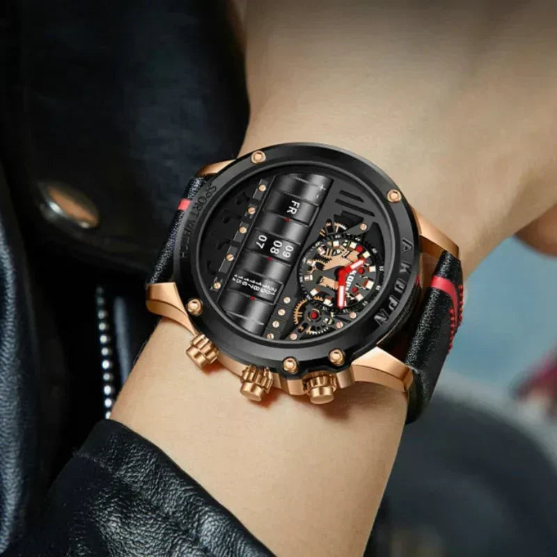 Montre à quartz élégante pour homme avec date rotative unique et bracelet en cuir – Montre décontractée d'inspiration militaire