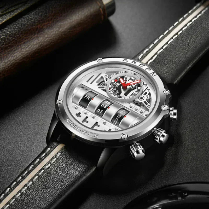 Montre à quartz élégante pour homme avec date rotative unique et bracelet en cuir – Montre décontractée d'inspiration militaire